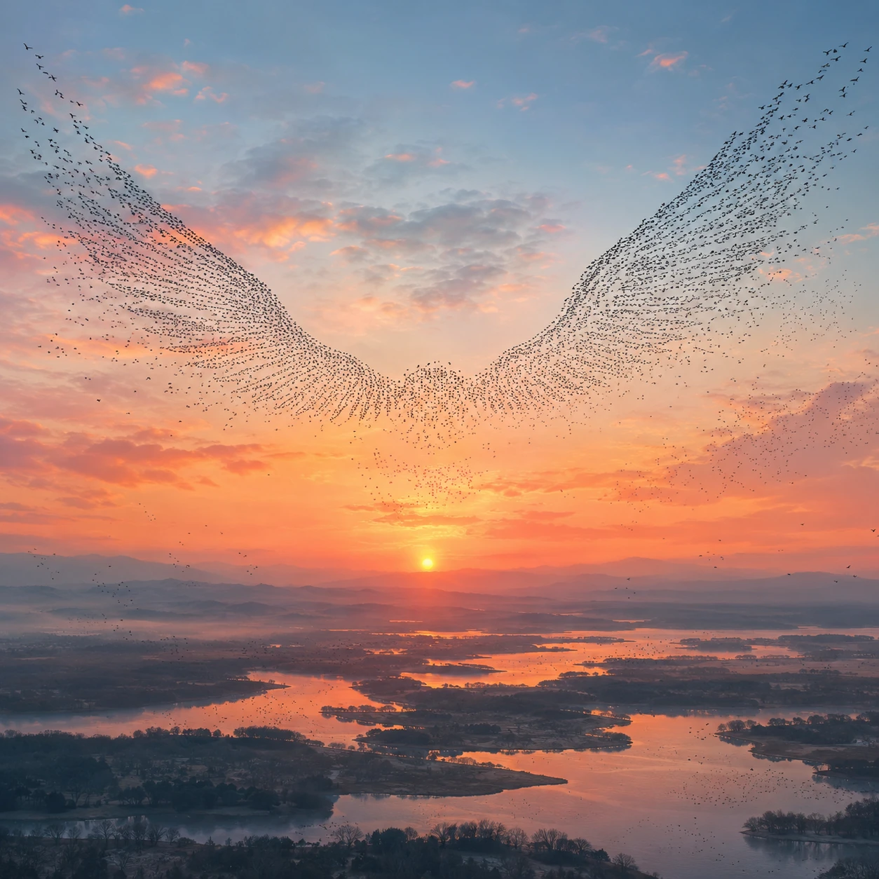Pássaros migratórios formando imensas asas de anjo no céu do amanhecer
