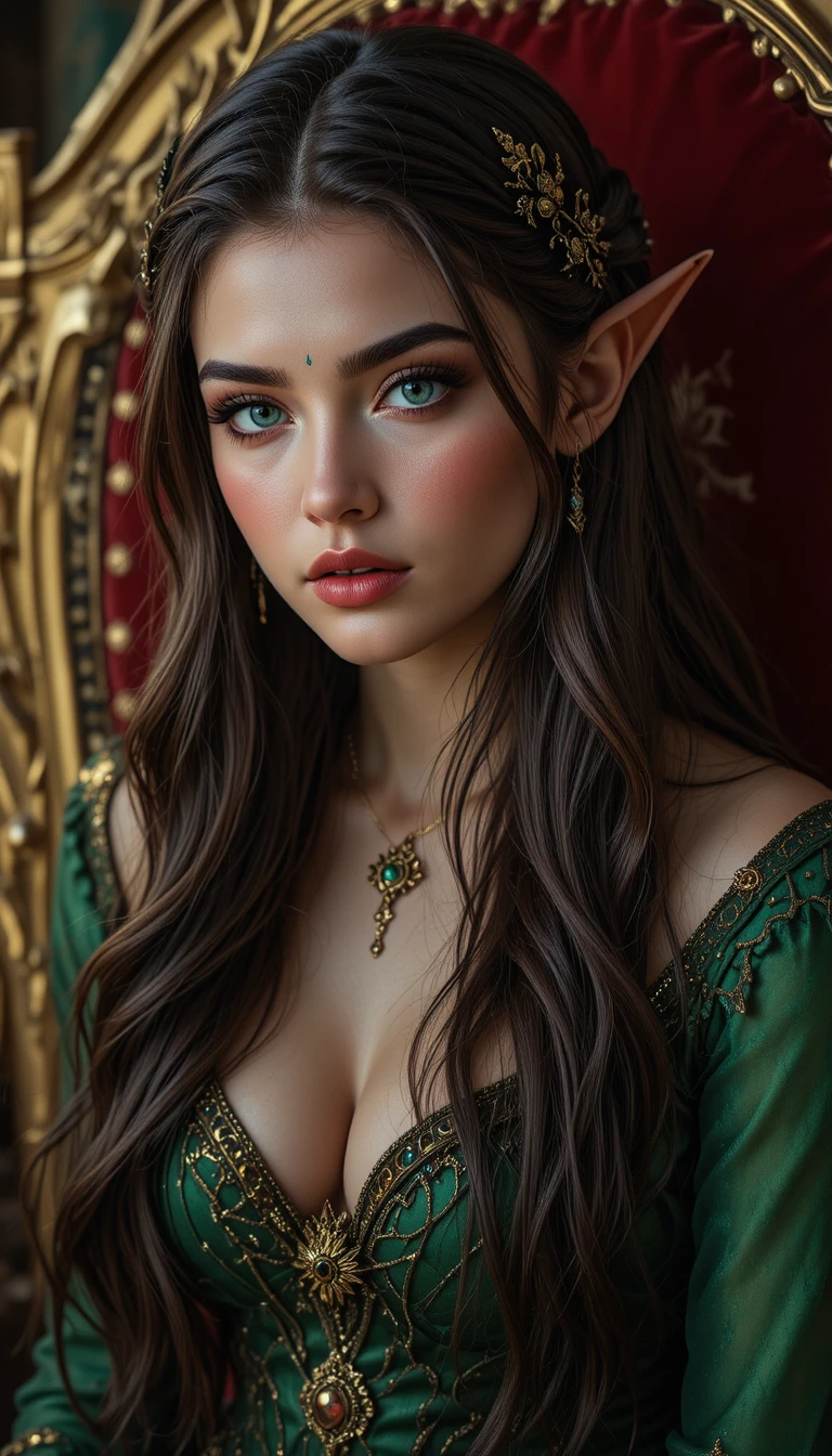 Elegant elf woman seated on a golden velvet throne