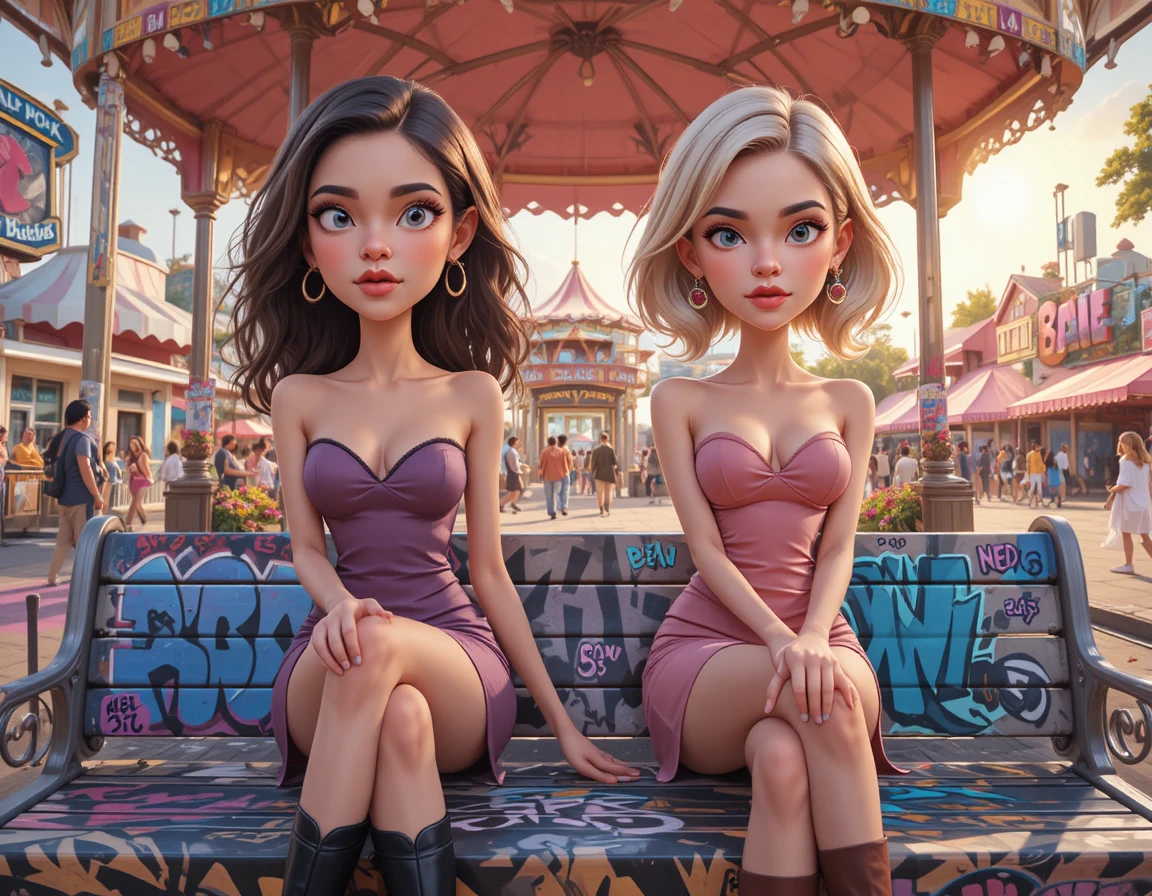 Duas garotas com algodão-doce em um banco com grafite