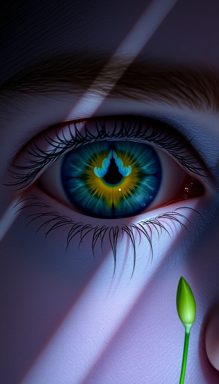 藍色花朵虹彩的人眼超現實微距肖像