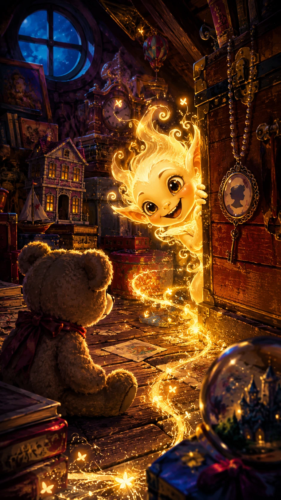 Magical creature playing with teddy bear in attic