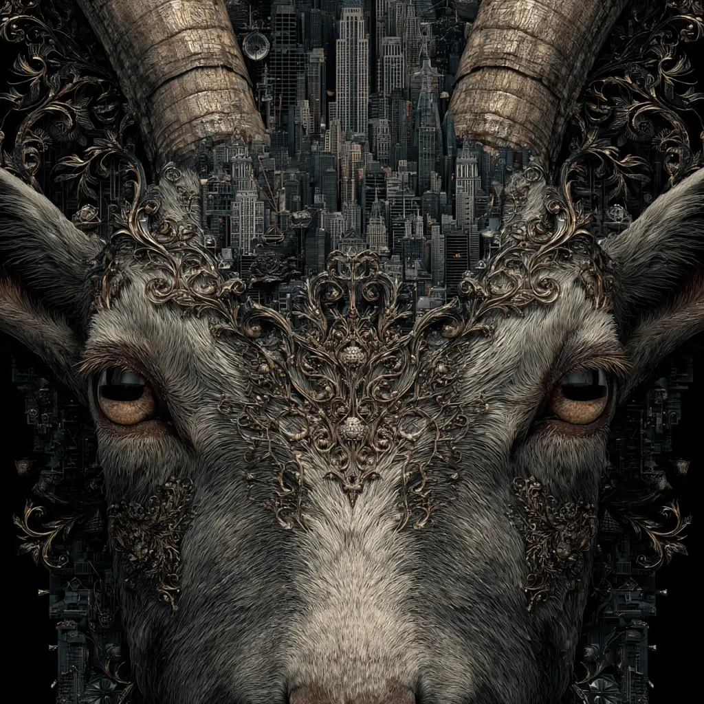 Close up goat portrait with gothic city reflected eyes