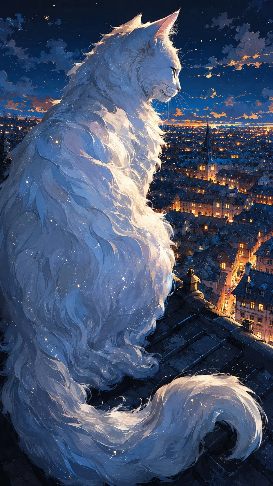 Chat onirique veillant sur un toit de ville paisible