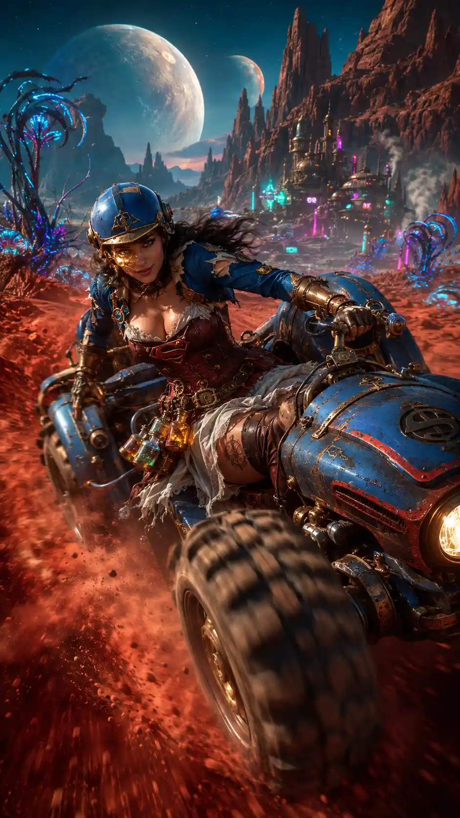 Donna steampunk che sfreccia con un landspeeder nel deserto alieno