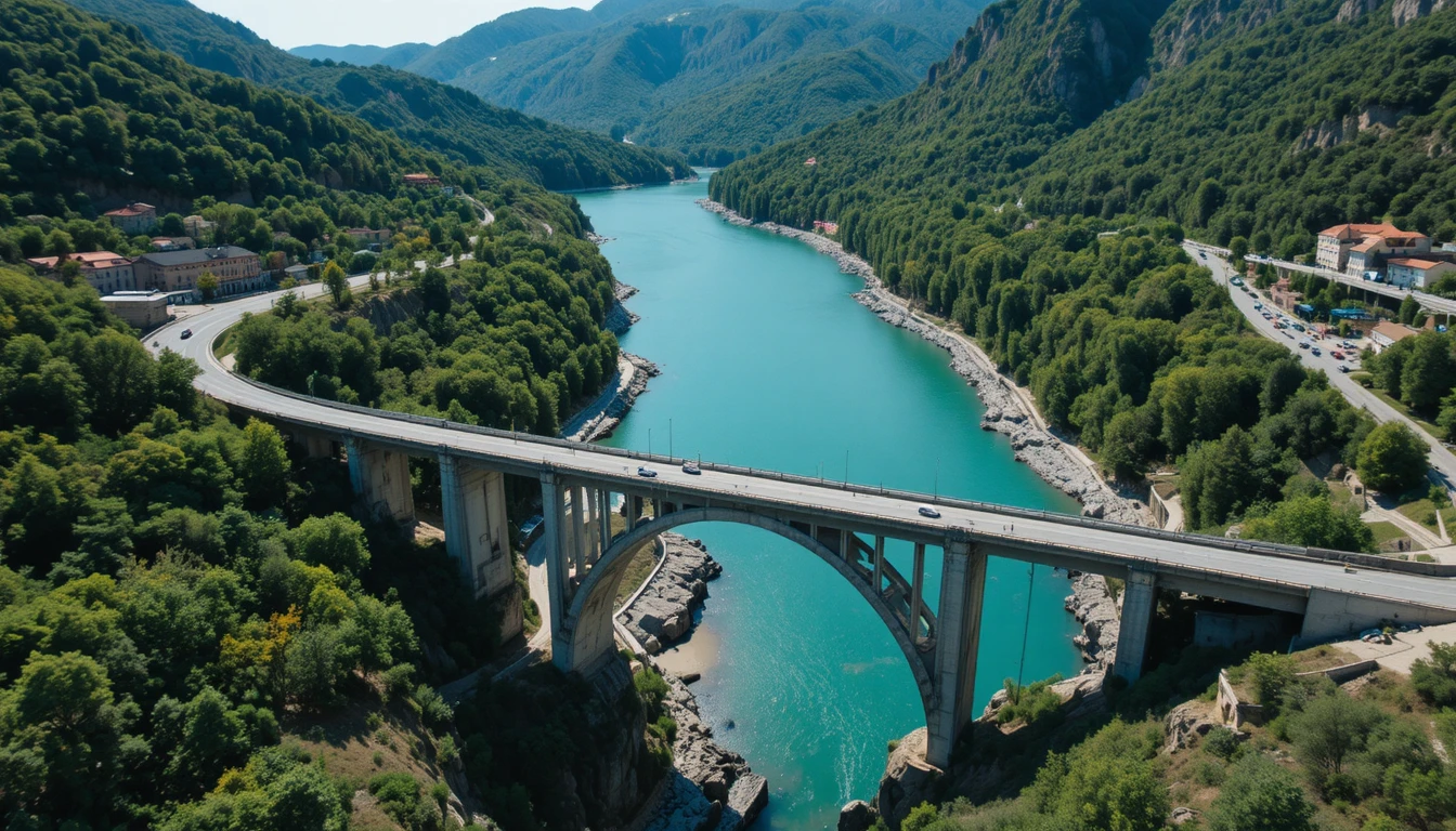 Vista aérea de pontes gêmeas sobre um rio turquesa