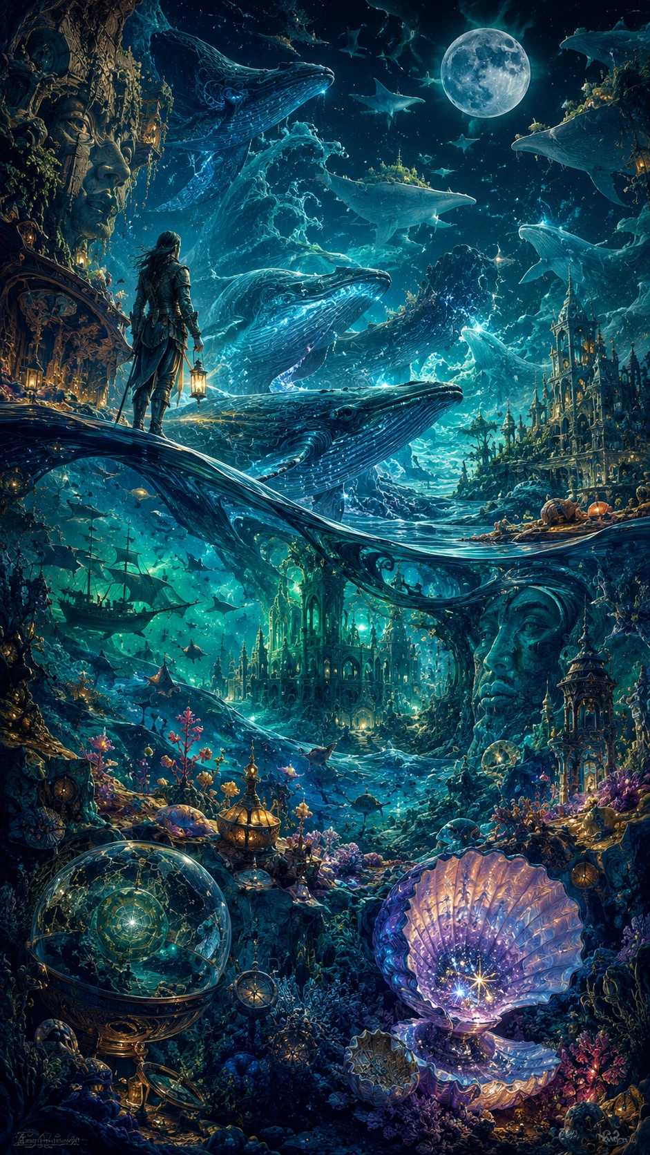 Navigator, der ein surreales Meer aus Walen und Karten überquert