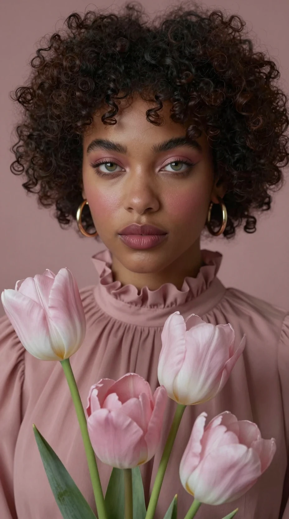 Retrato de uma mulher com flores e olhos verde‑avelã