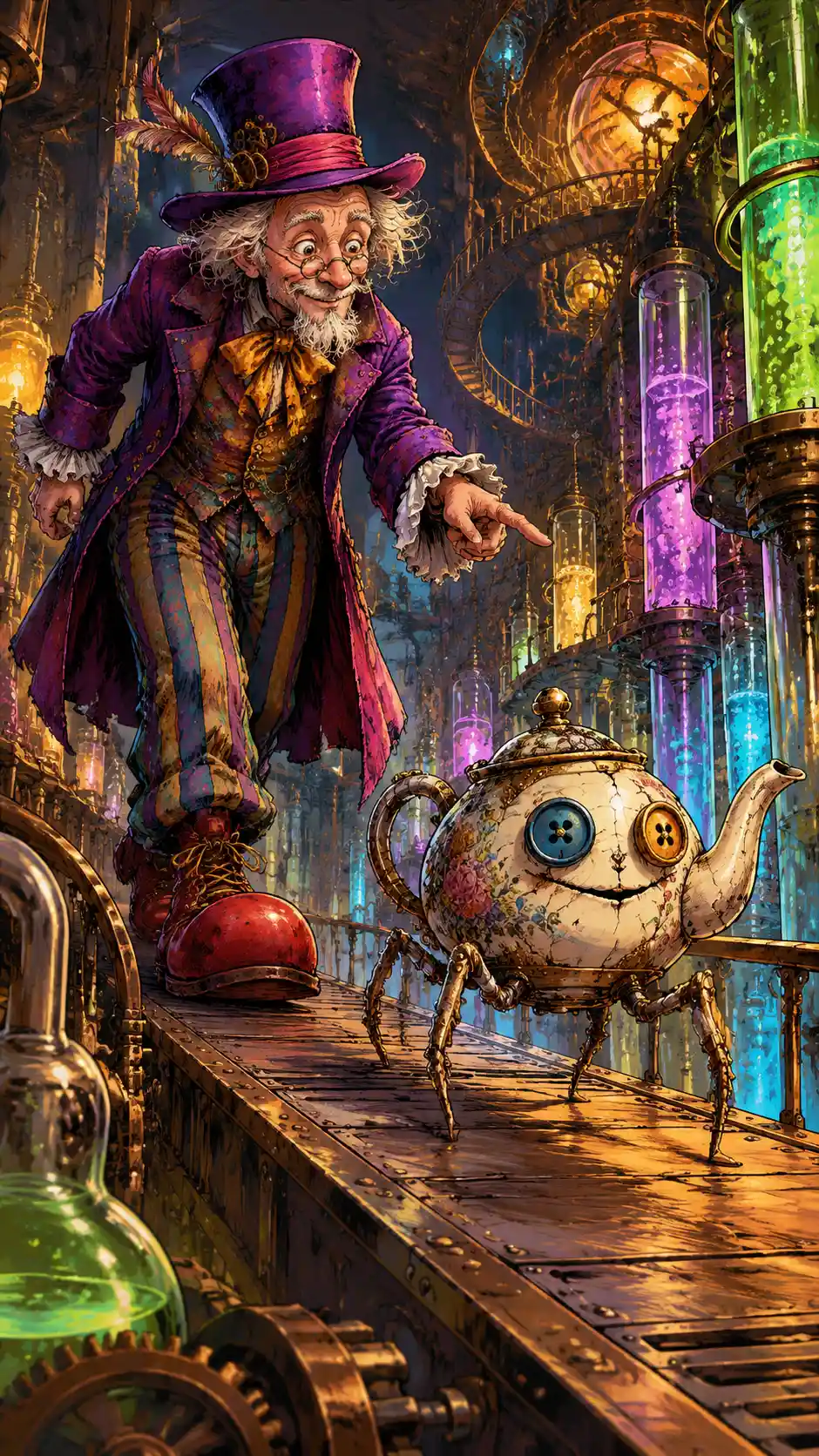 Whimsical Sentient Teapot Guiding Through Steampunk Labyrinth