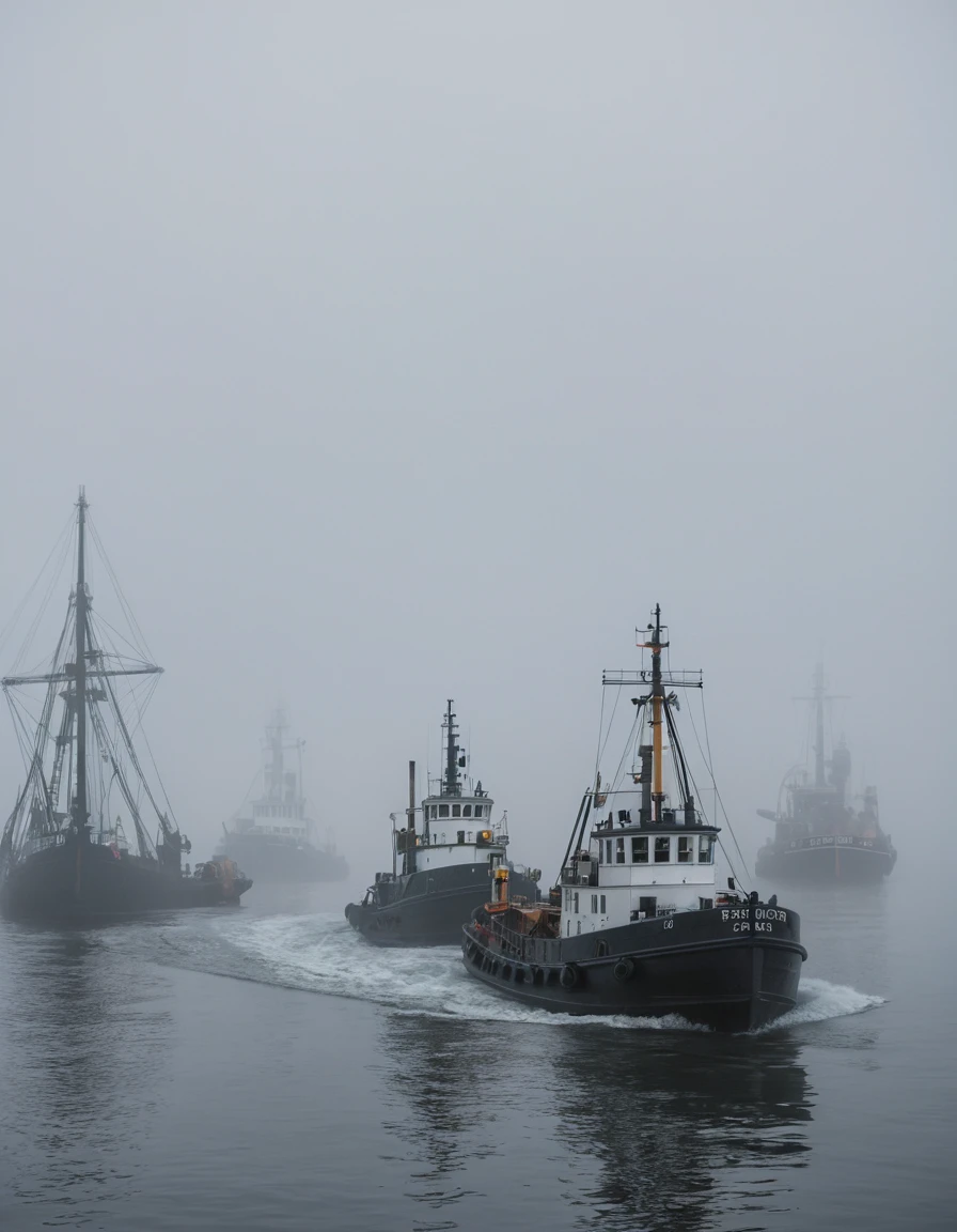 Rebocador avançando pela neblina densa em um porto movimentado