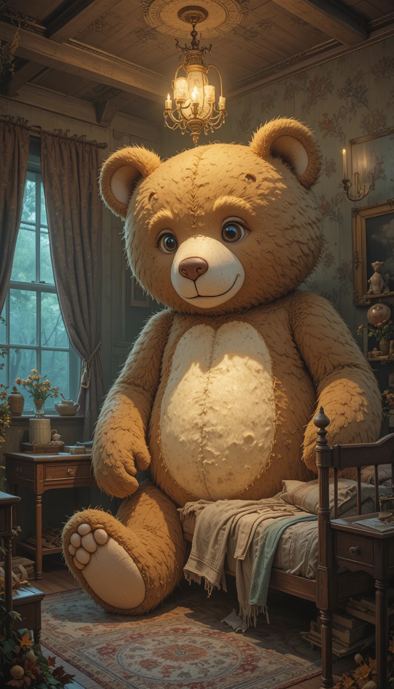 Orso di peluche gigante che veglia su un letto per bambini in una luce calda