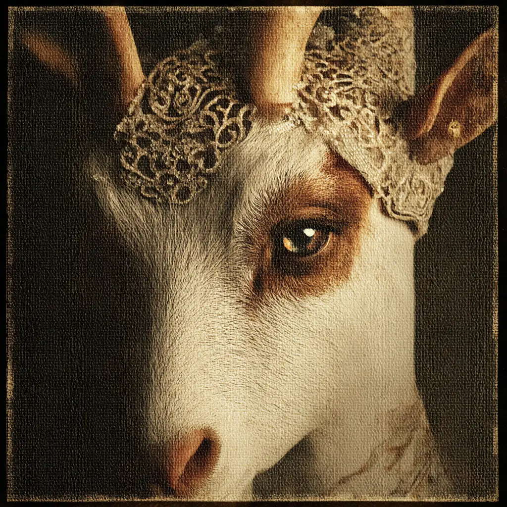 Vintage pin up style goat portrait on aged tin sign