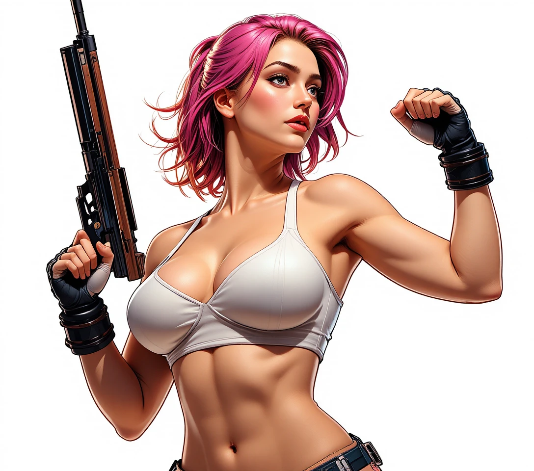Pink haired woman with hammer in dynamic low angle pose