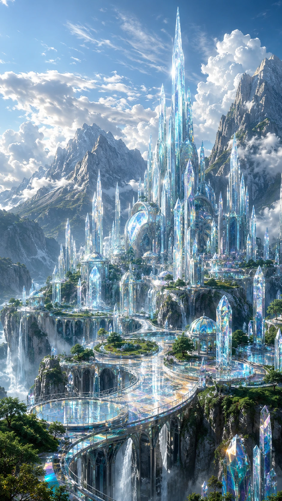 Futuristische Kristallstadt zwischen zerklüfteten Berggipfeln