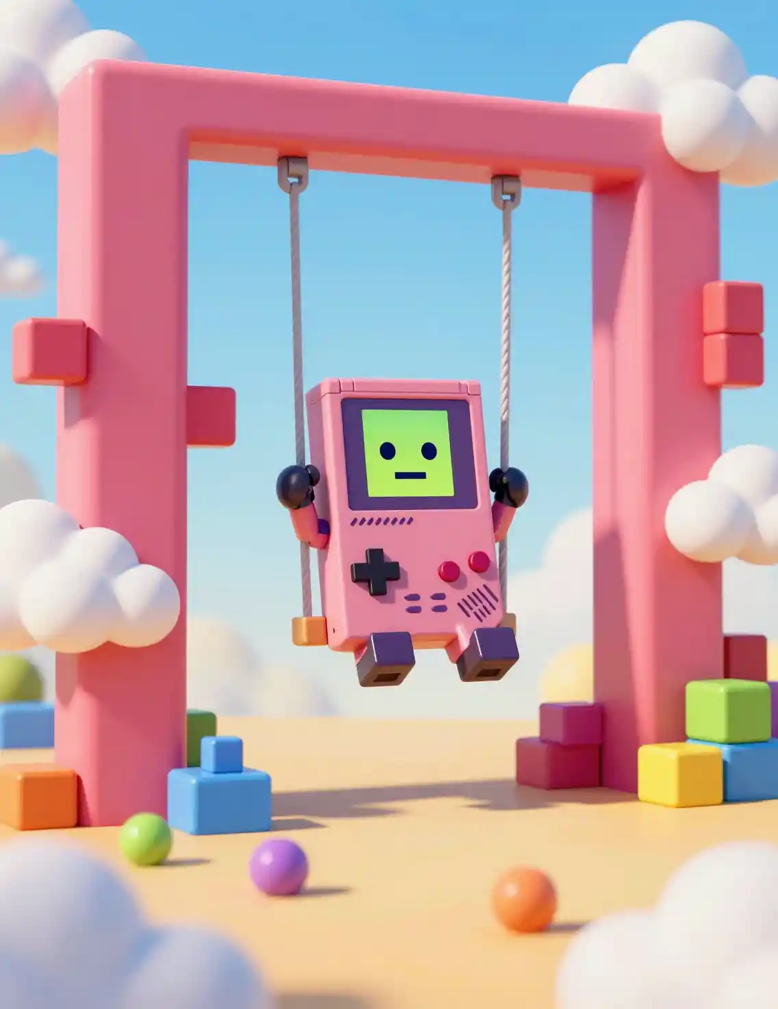Playful tetris world with swinging gameboy automaton