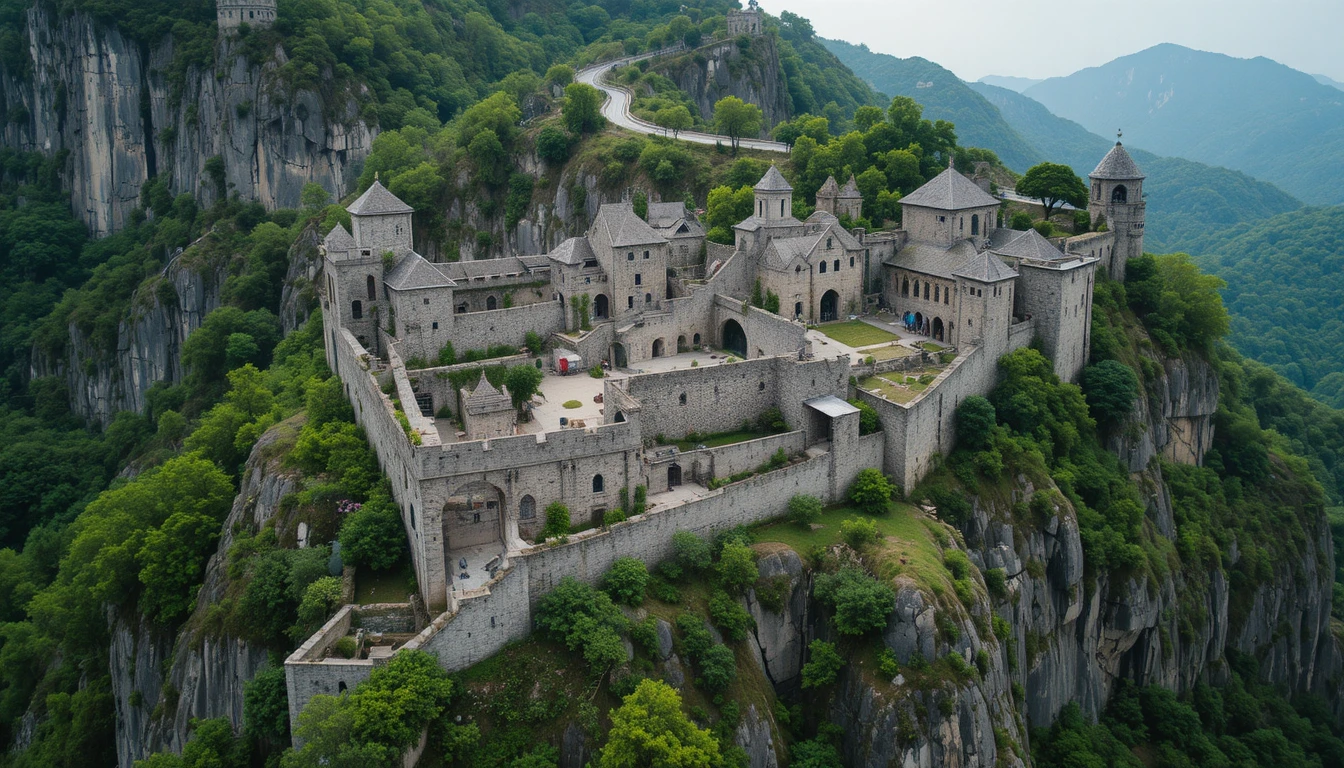 Vista aerea di una storica fortezza in pietra sulla montagna
