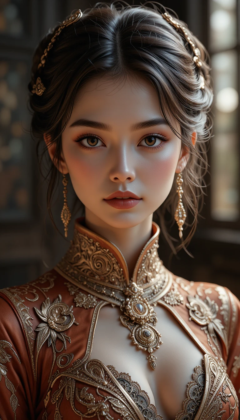 Elegante ritratto 3D di una bellissima ragazza in abiti ornati