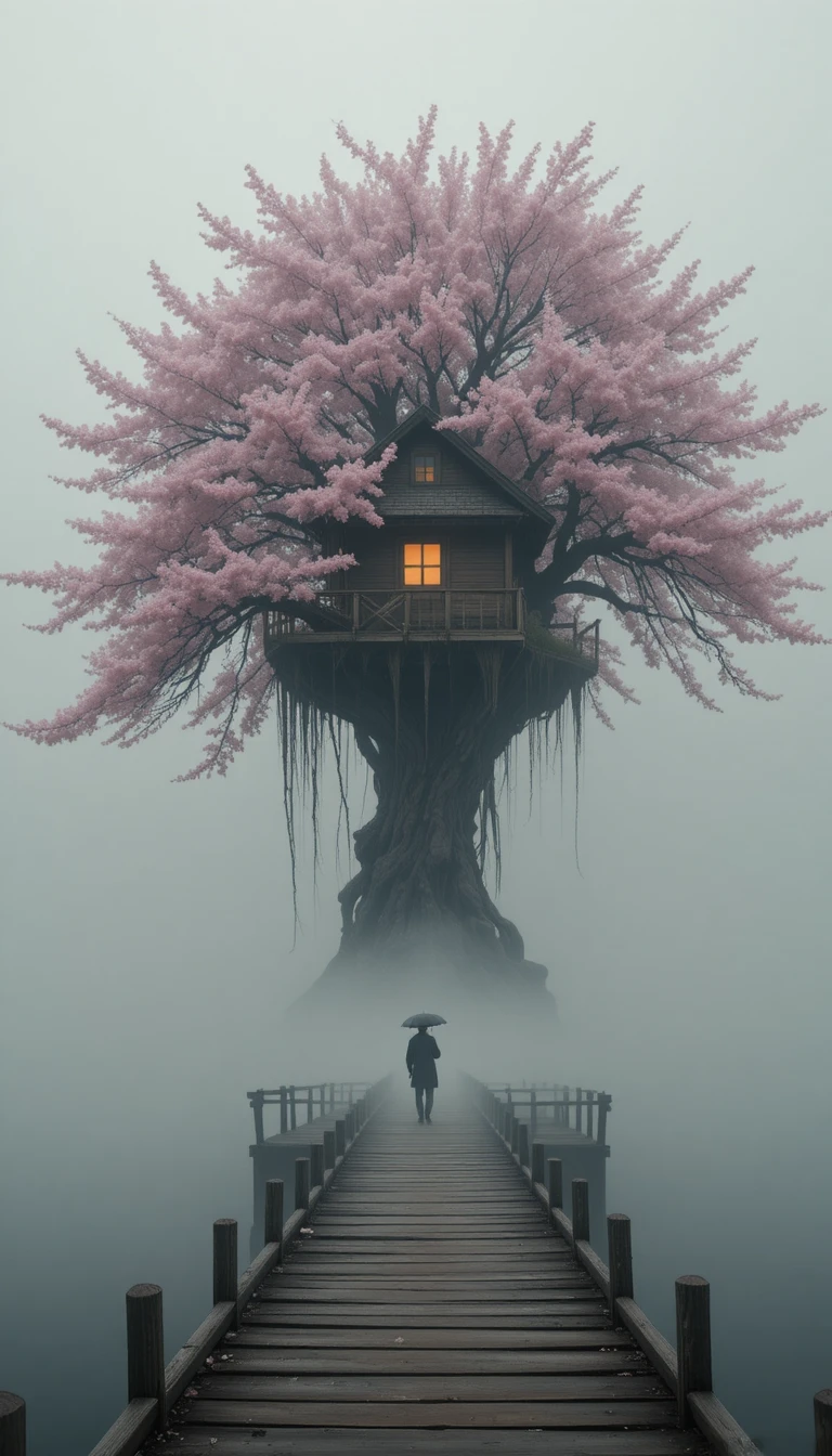 漂浮小屋樹屋與發光窗與花朵