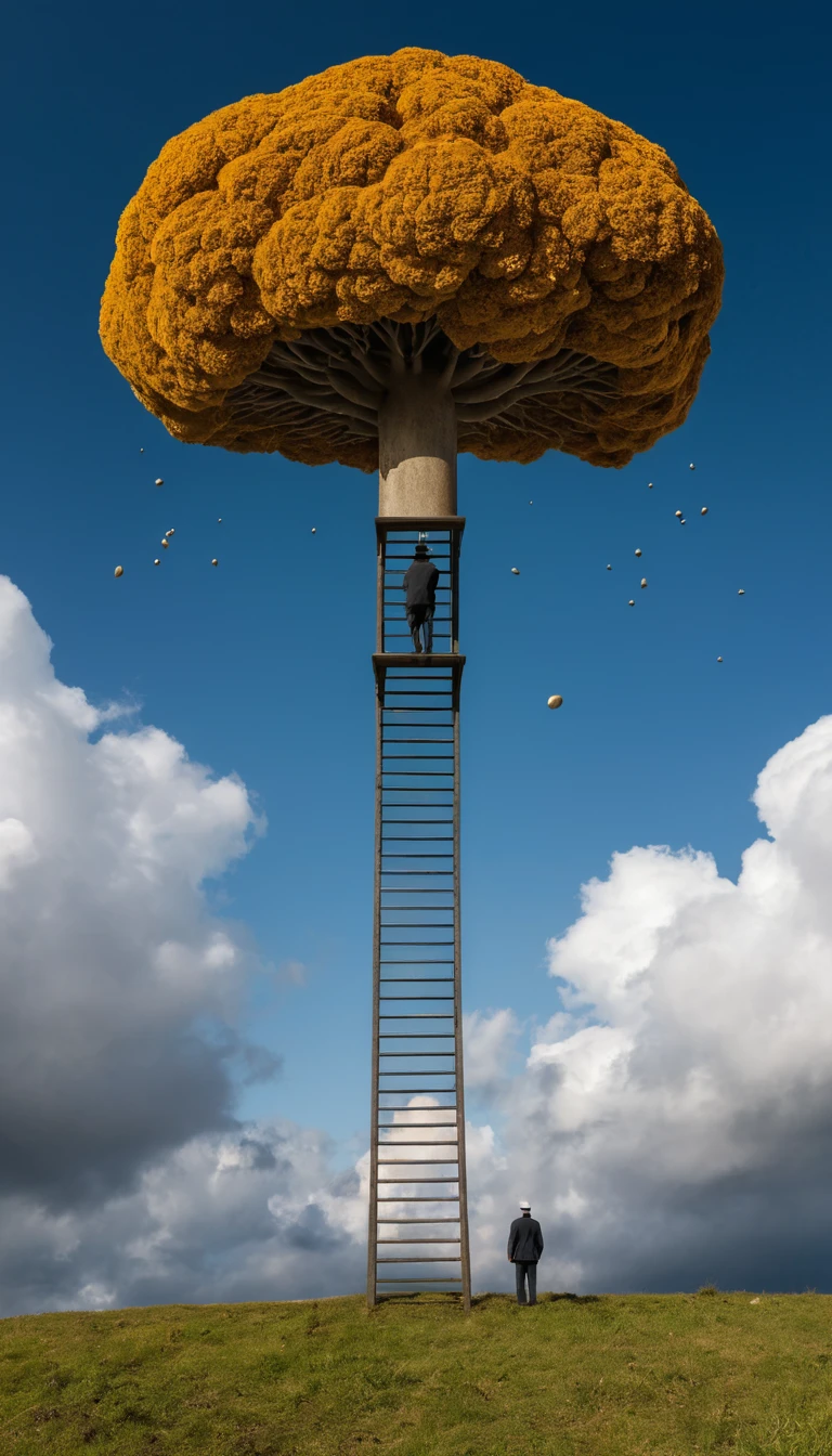 Échelle surréaliste surgissant d’un minuscule champignon vers un ciel d’aurore lumineuse