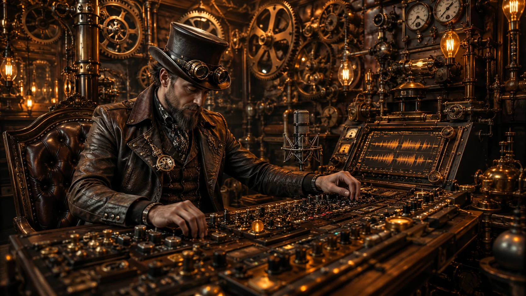 Gentiluomo steampunk a un’elaborata console di registrazione a ingranaggi