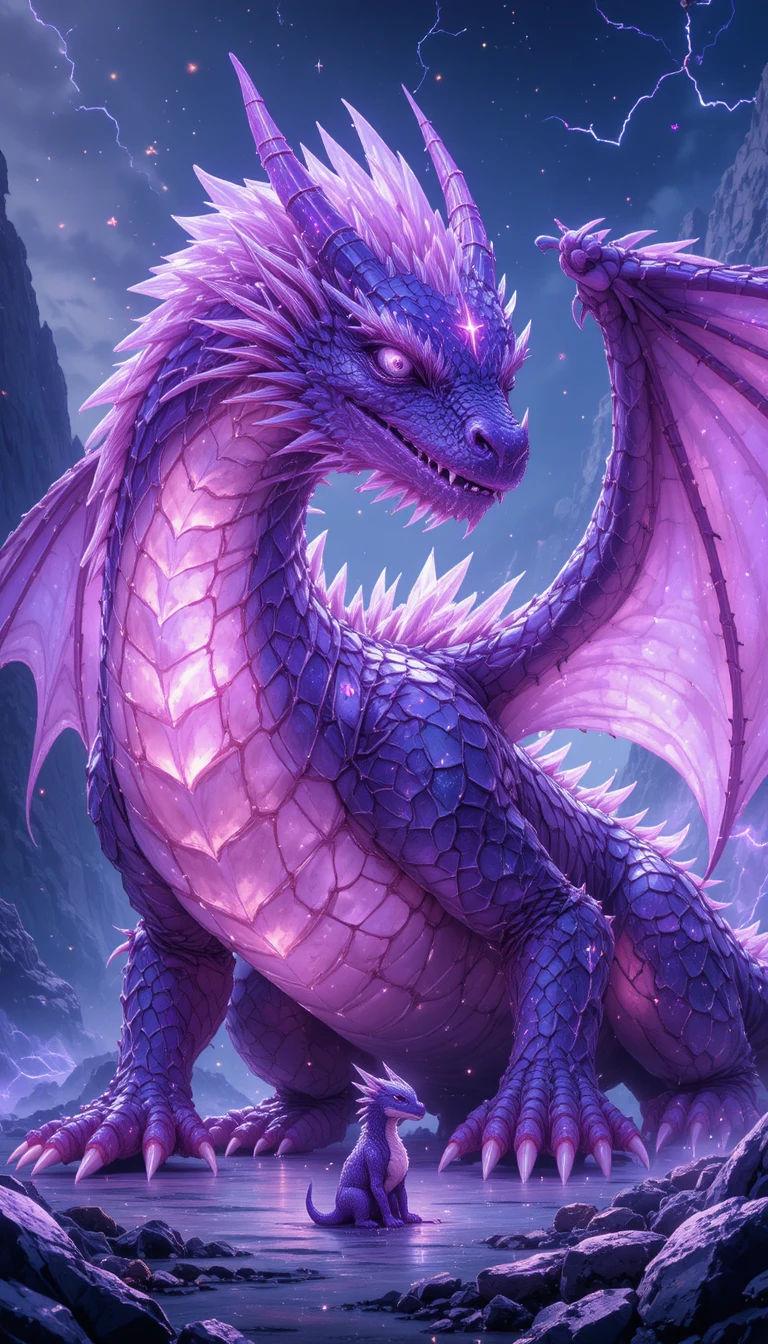 Dragão de cristal adormecido com juba roxa brilhante