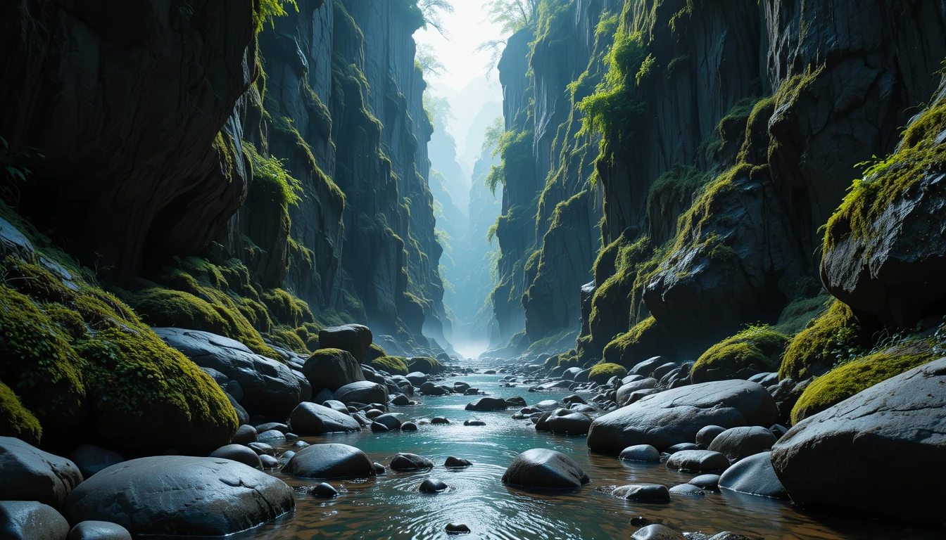 Vista cinematografica grandangolare in un stretto canyon ricoperto di muschio