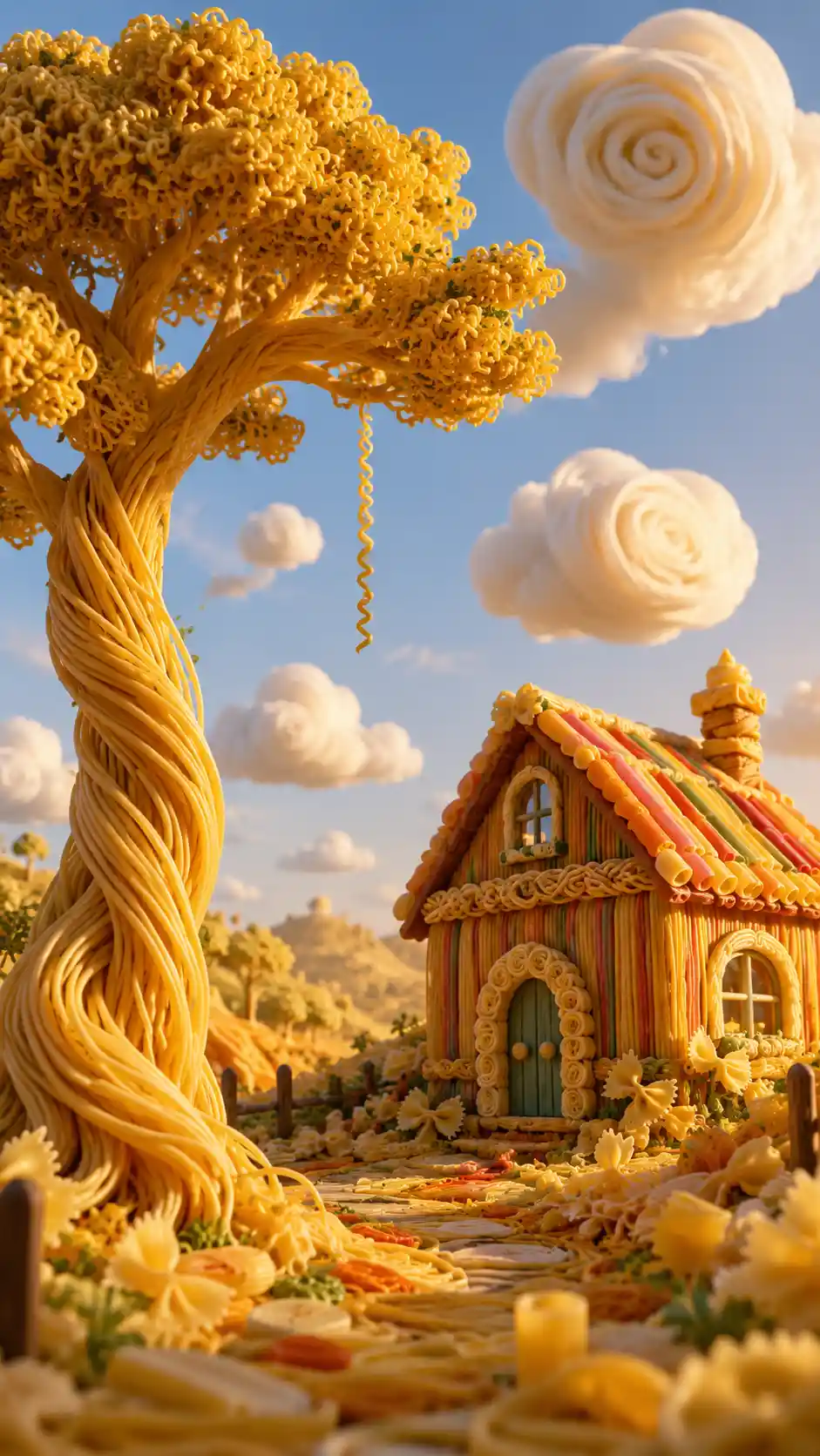 Albero di pasta fiabesco accanto a una colorata casa di noodles