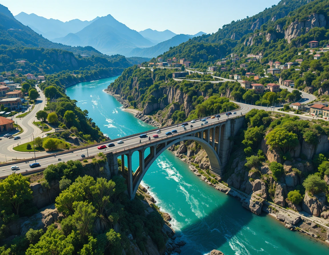 Vue aérienne d’une double autoroute et de ponts en pierre au‑dessus de la rivière