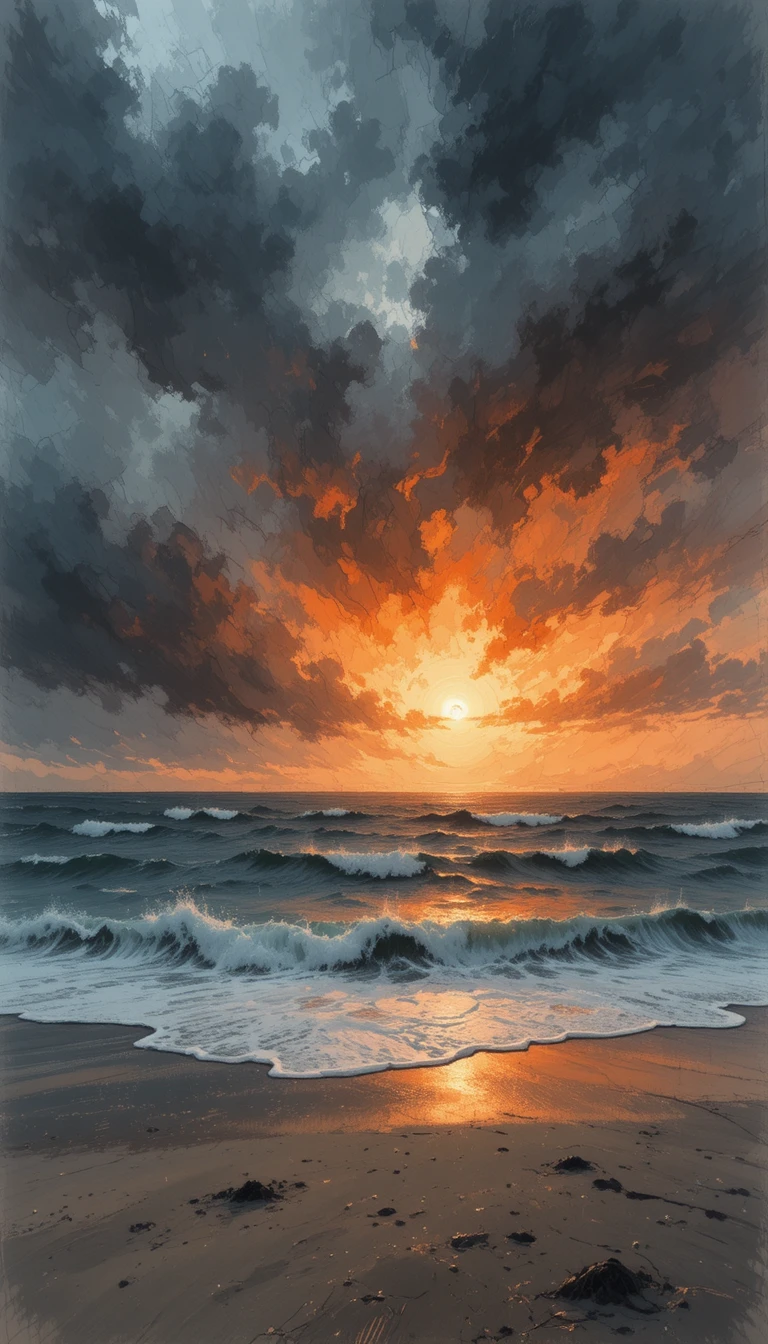 Paisagem marinha tempestuosa ao pôr do sol com vento sobre uma praia de areia
