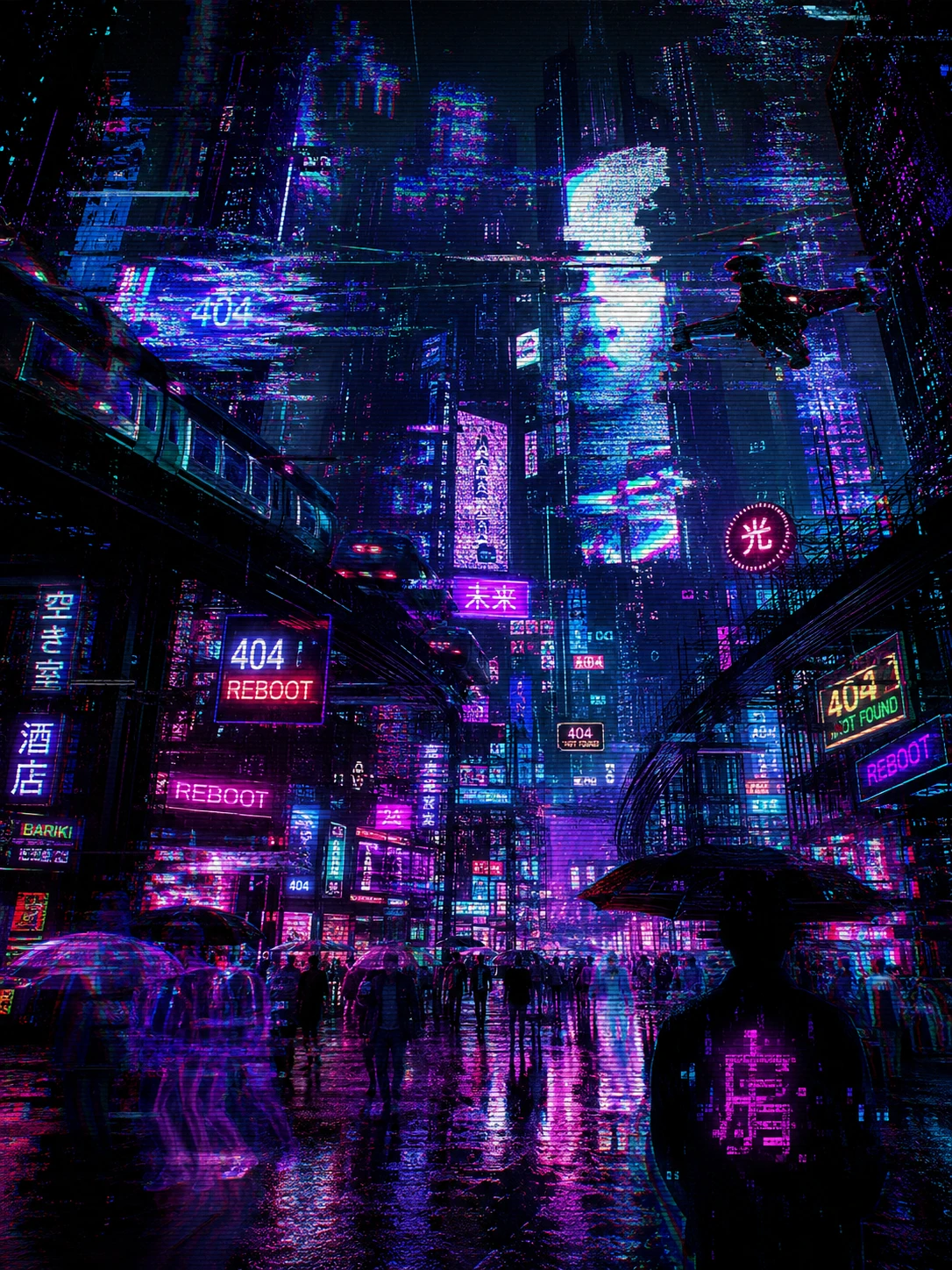 Skyline cyberpunk che si scioglie in un caos di neon in glitch