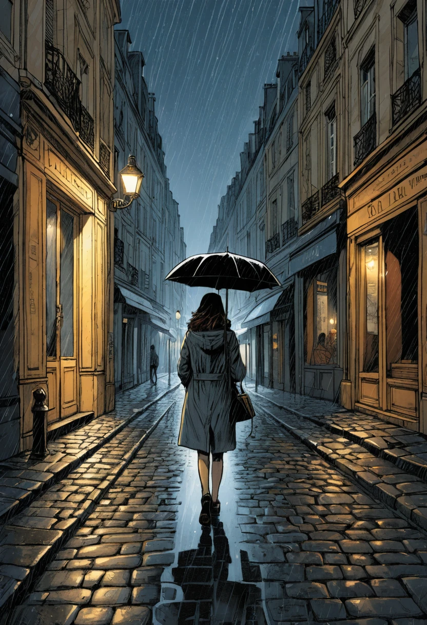 Jovem mulher solitária caminhando por uma rua chuvosa de Paris à noite