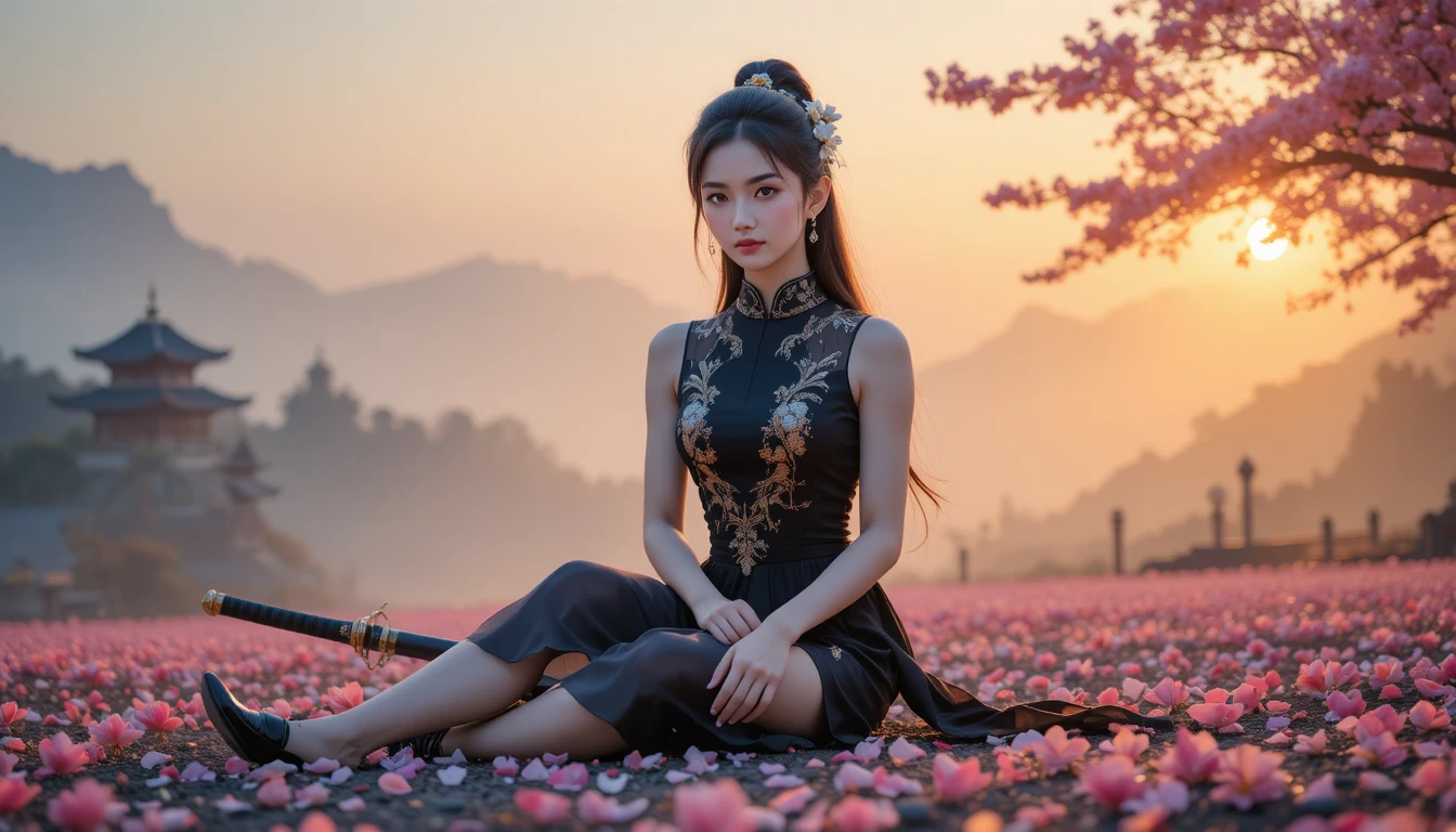 Elegante Frau im schwarzen Cheongsam zwischen Kirschblütenblättern