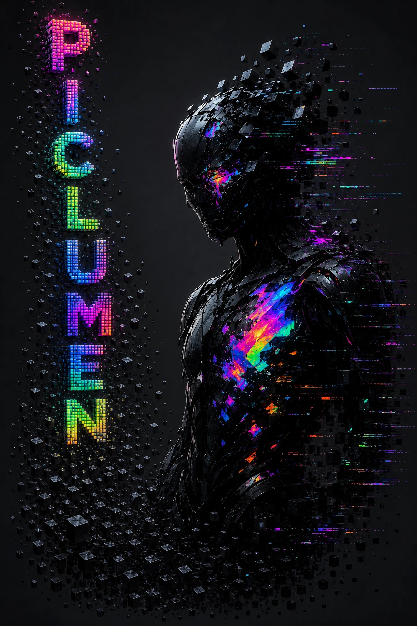 Retrato cibernético surreal com fragmentos de néon em glitch