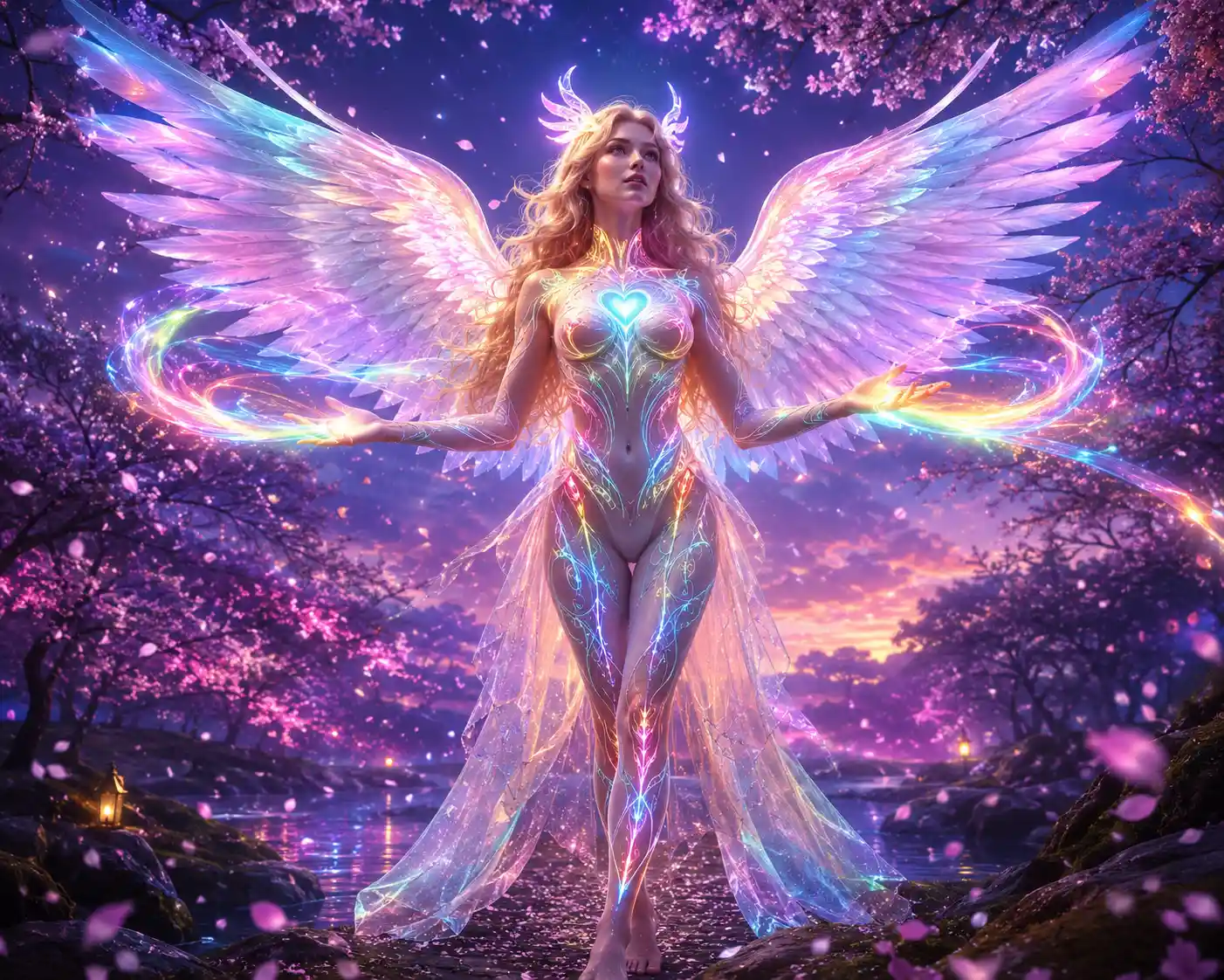 光り輝く神秘の森の天使のような女性