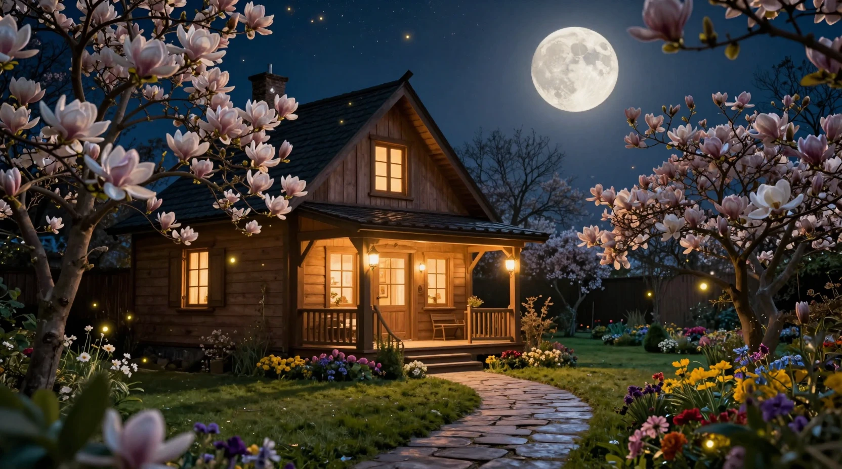 Chalet en Bois Douillet dans un Jardin Fleuri au Clair de Lune