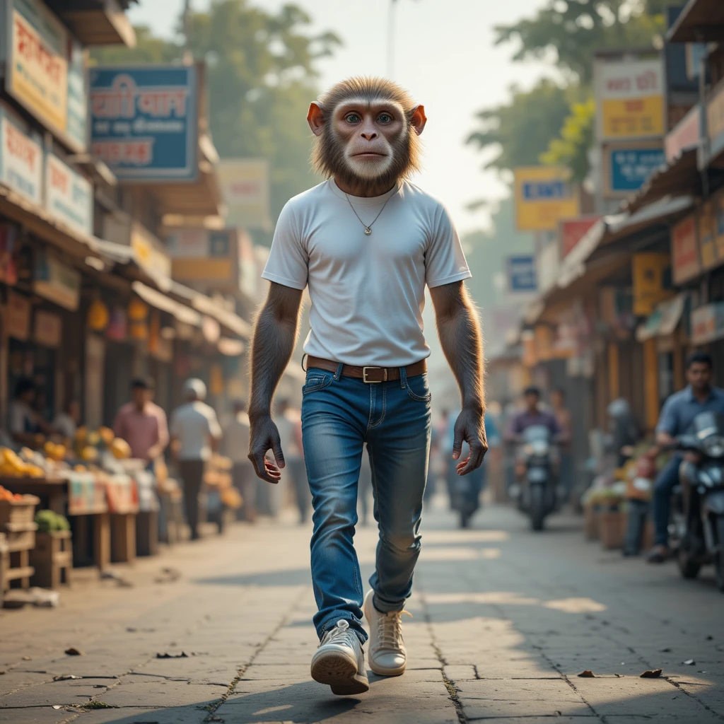 Anthropomorpher Affe geht durch belebten indischen Straßenmarkt
