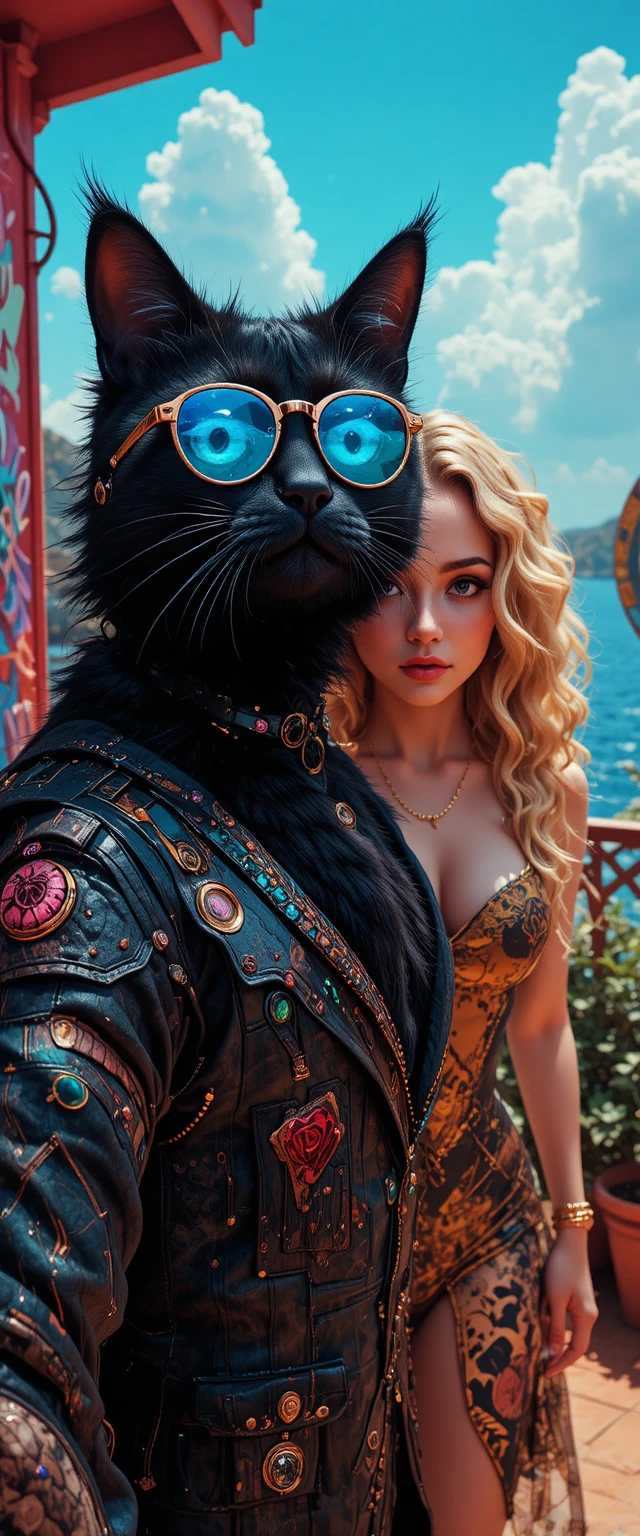 Chat noir avec lunettes de soleil sur une terrasse au-dessus de la mer bleue