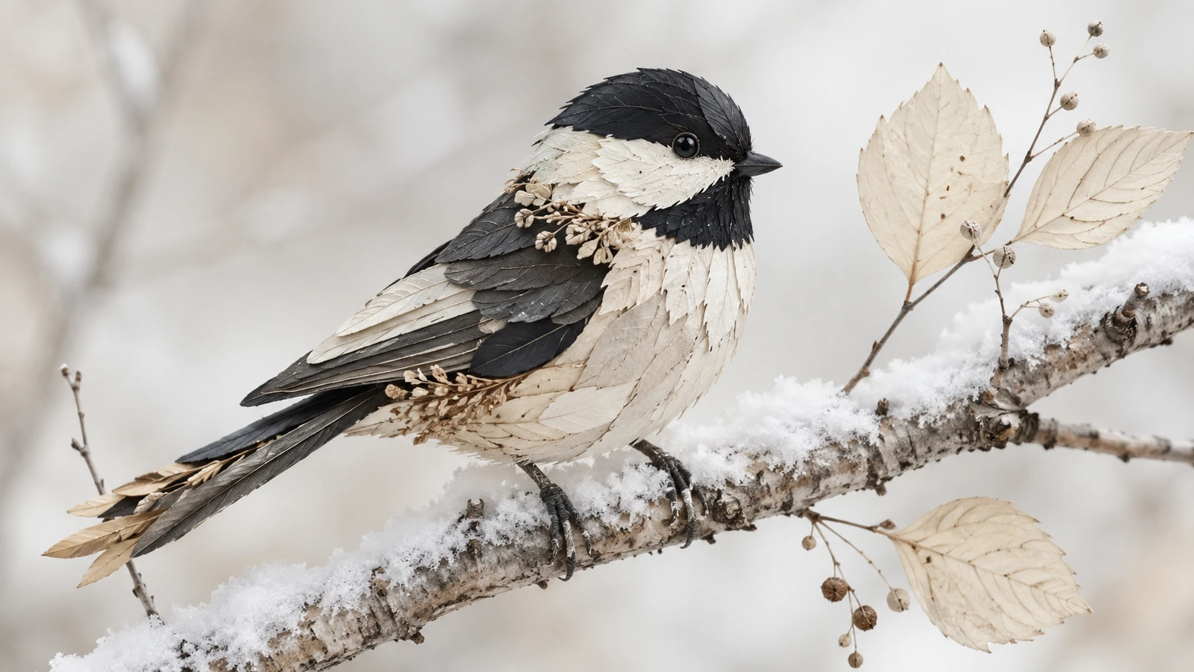 Chapim moldado por folhas em galho de inverno com neve