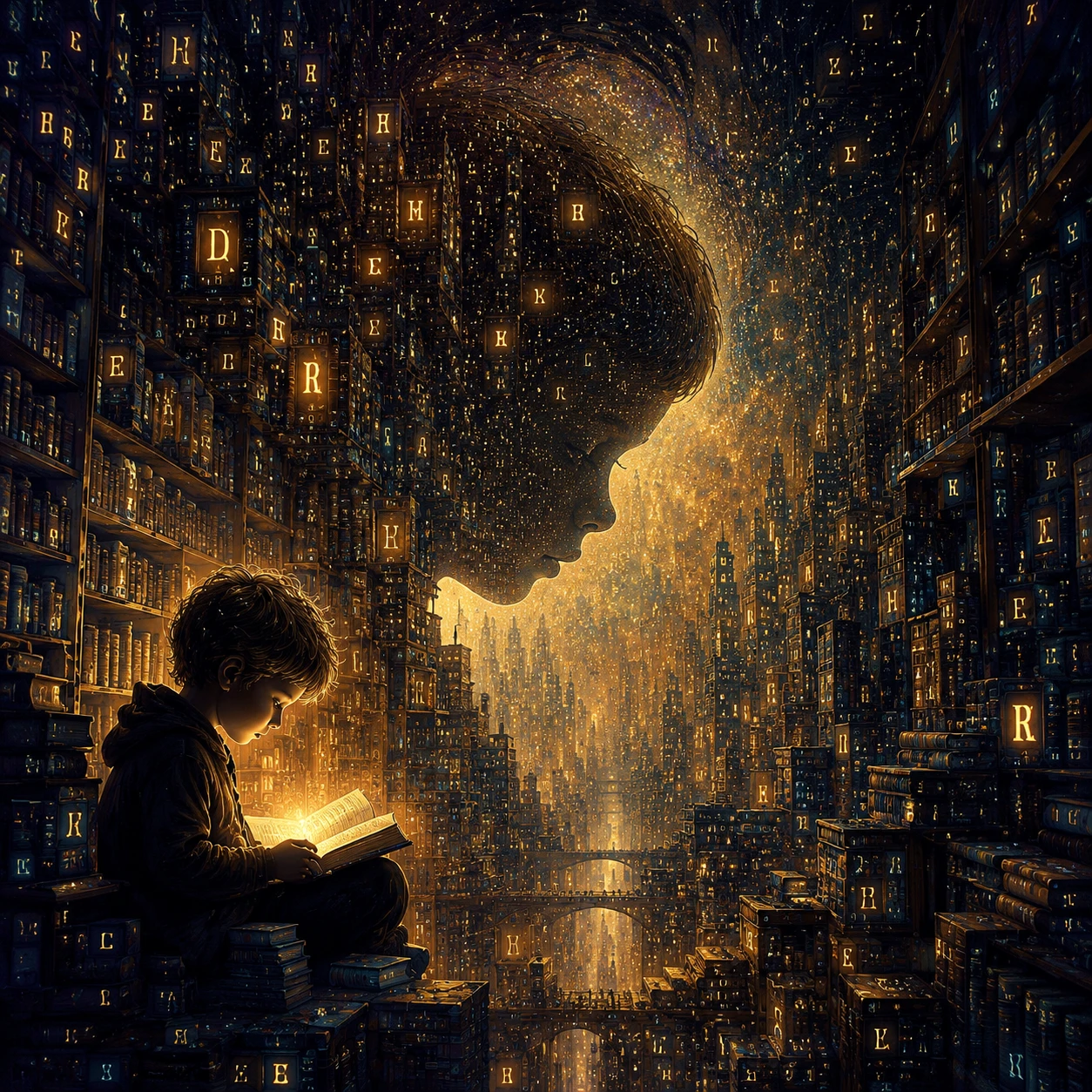 Immenssa biblioteca trasformata in un surreale paesaggio urbano infinito
