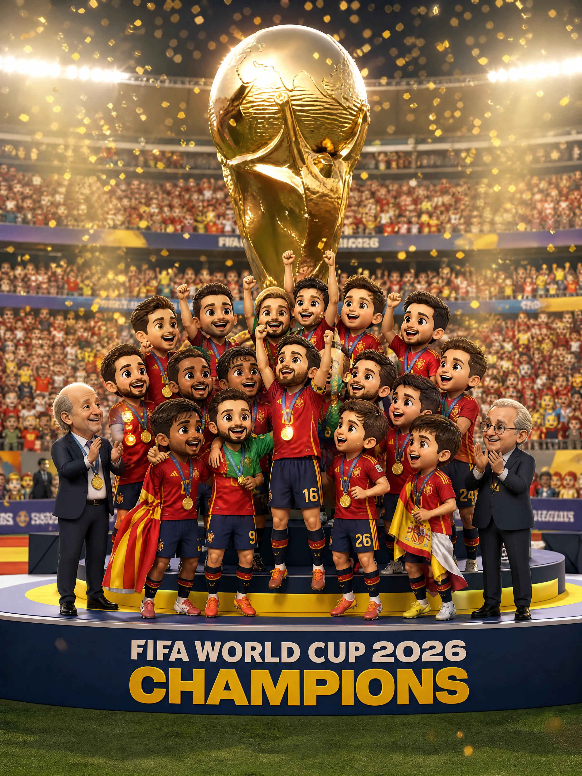 Campioni di calcio chibi che alzano la Coppa del Mondo sul podio