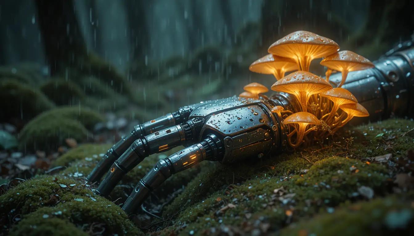 Mano robotica cibernetica che si decompone in funghi luminosi della foresta