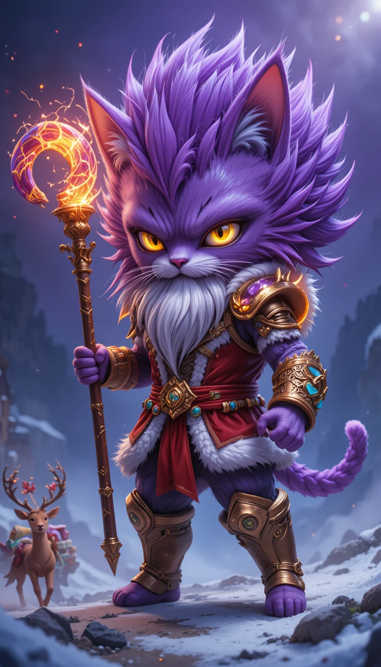 Chat guerrier chibi féroce en manteau de Père Noël et grande barbe