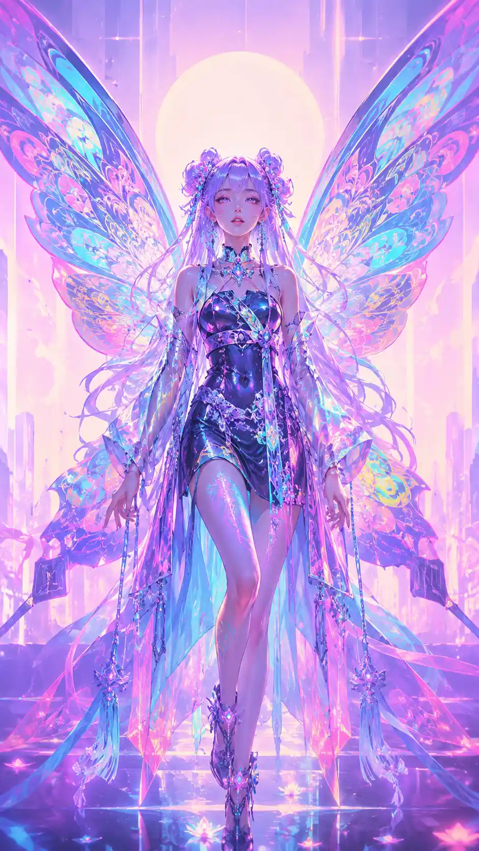 Fée cyberpunk pastel avec de grandes ailes lumineuses