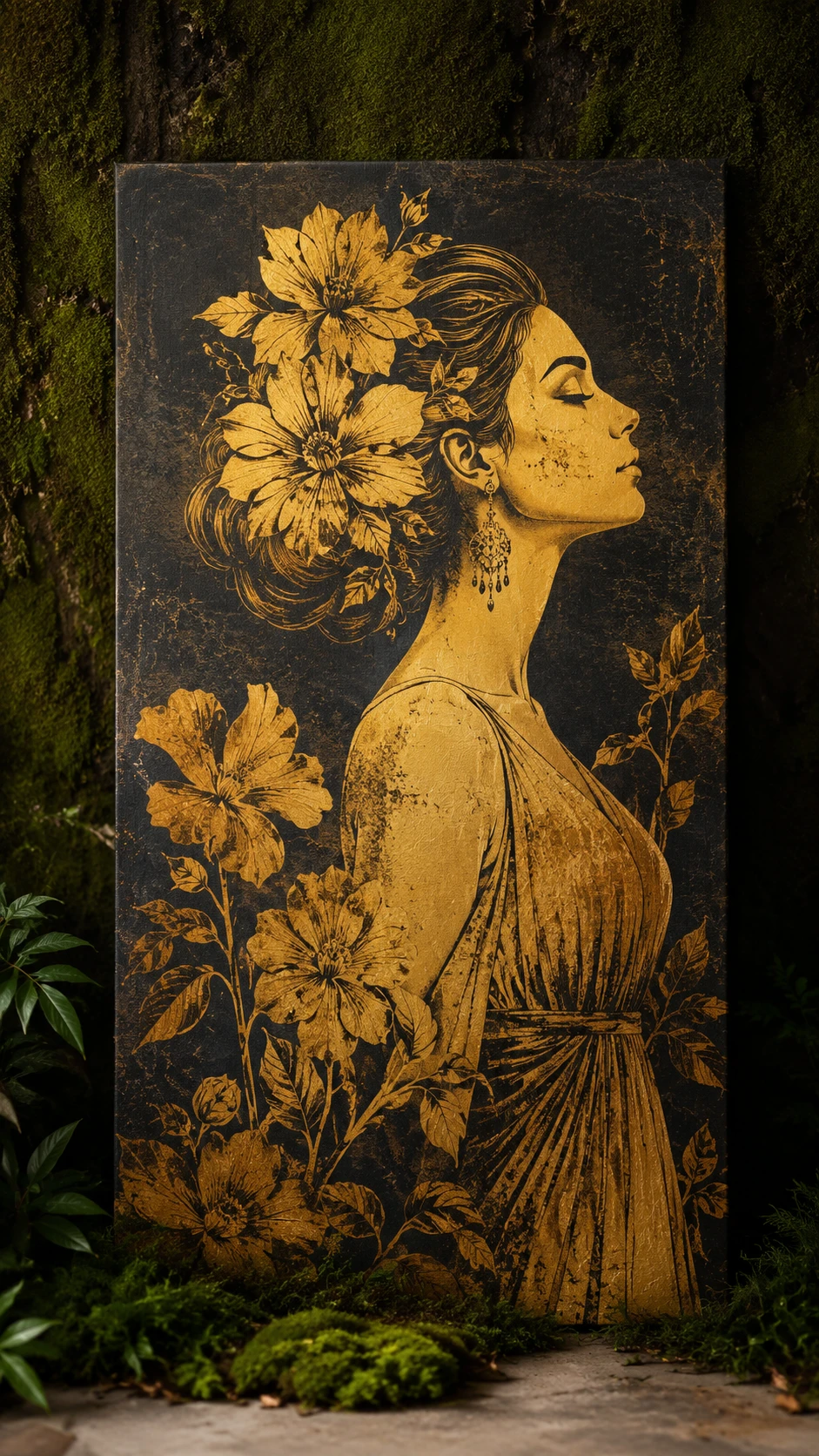 Retrato em estêncil dourado de mulher com grandes flores