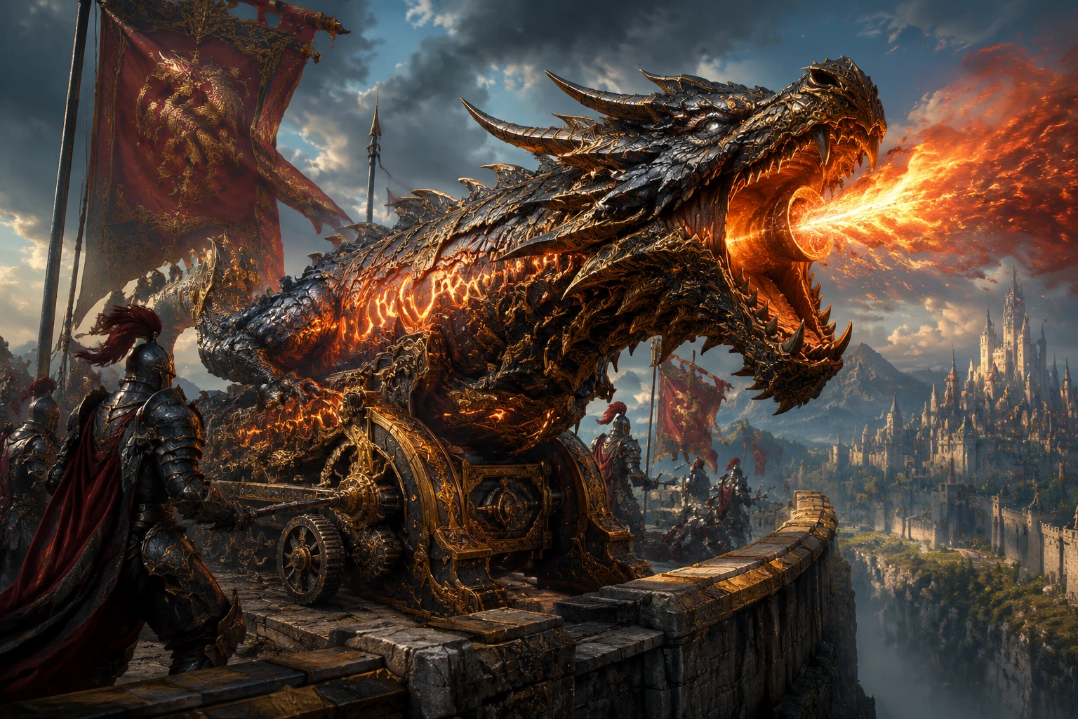 Drachen­geschmiedete Kanone auf einer Festung über nebligen Landen