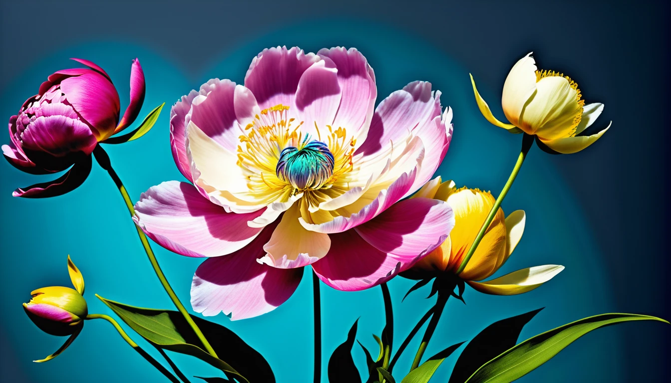 Flores digitais surreais em um fundo azul‑cinza suave