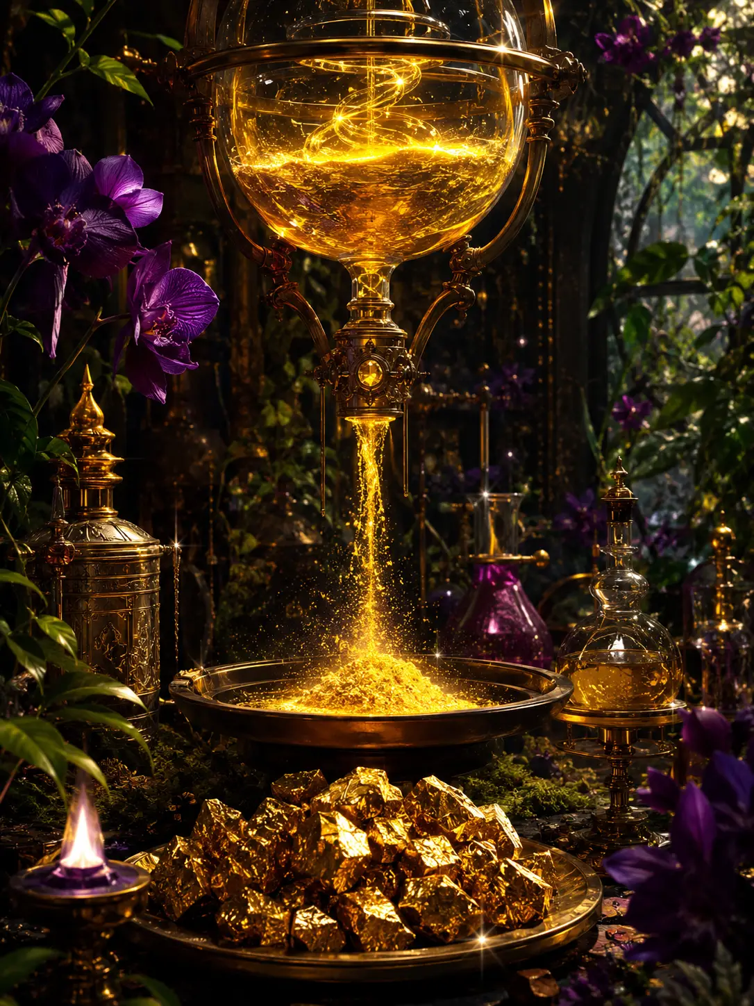 Alchemie-Gold, das aus leuchtendem Äther im Fantasielabor entsteht