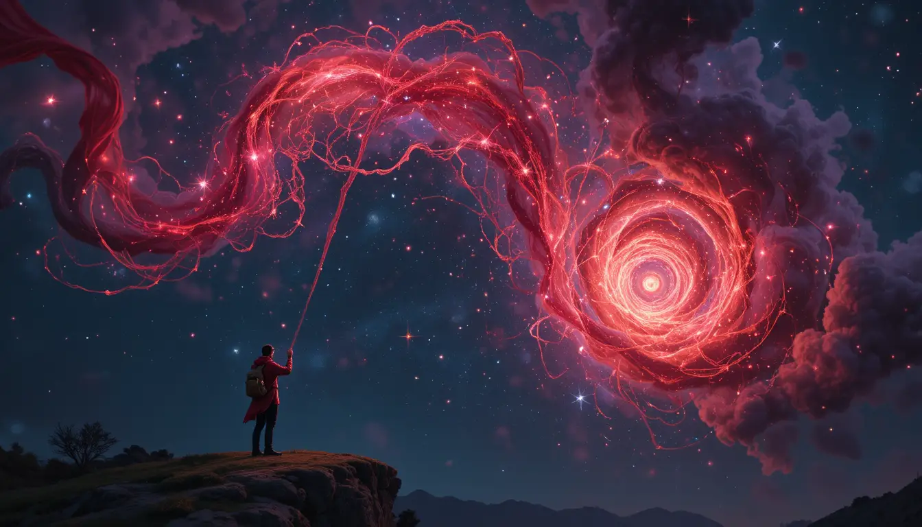 旋轉宇宙星雲下懸崖邊的疲憊旅人