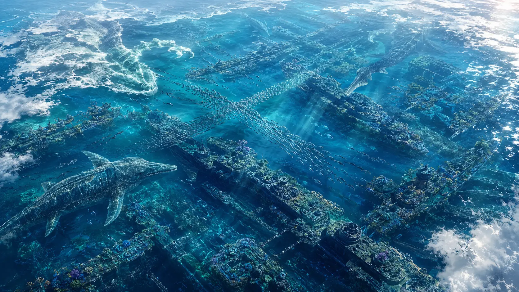 Gigantische Meeresreptilien schwimmen durch versenktes Steingitter