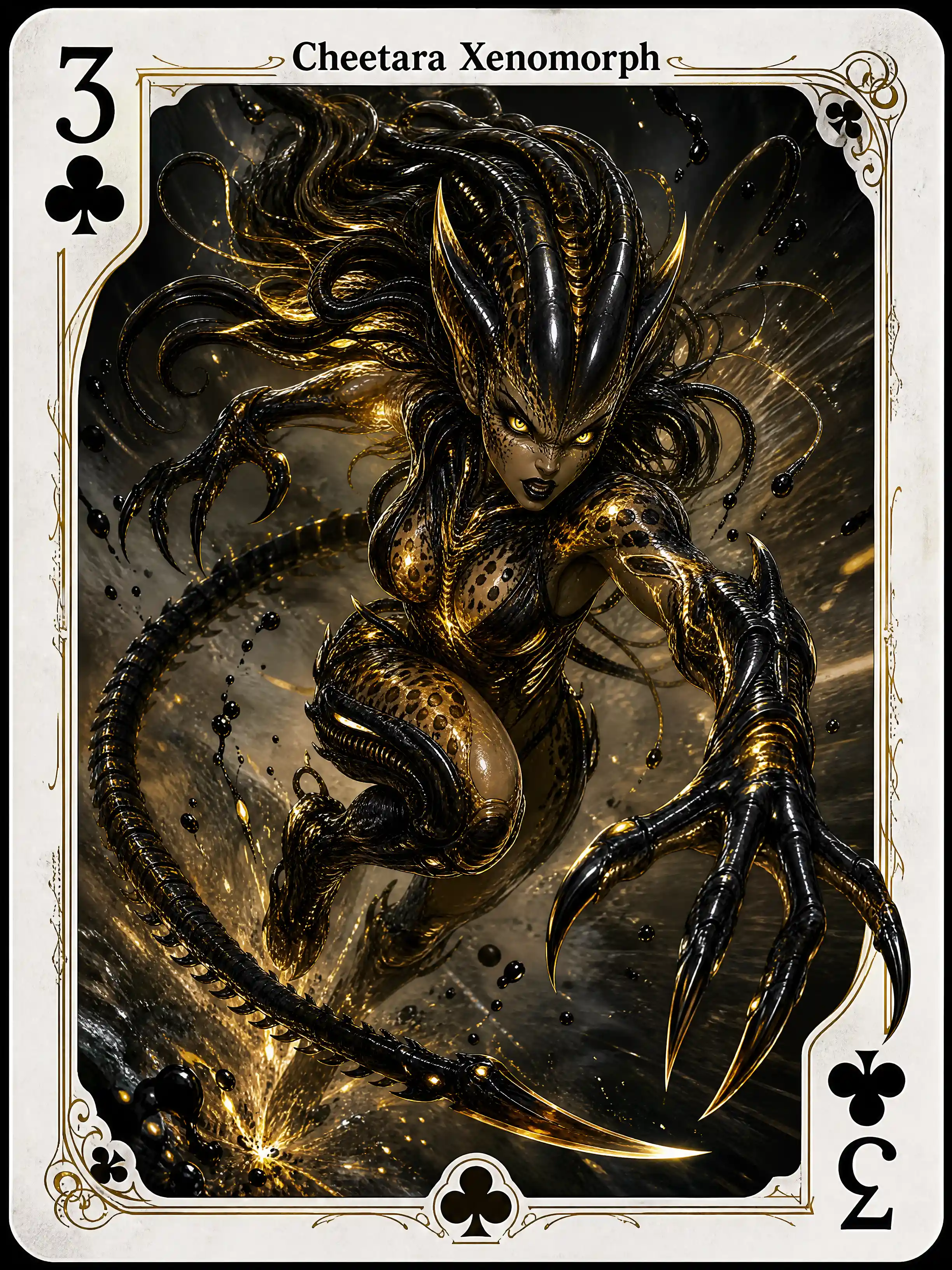 Furchterregende feline Xenomorph-Frau, die aus Spielkarte springt