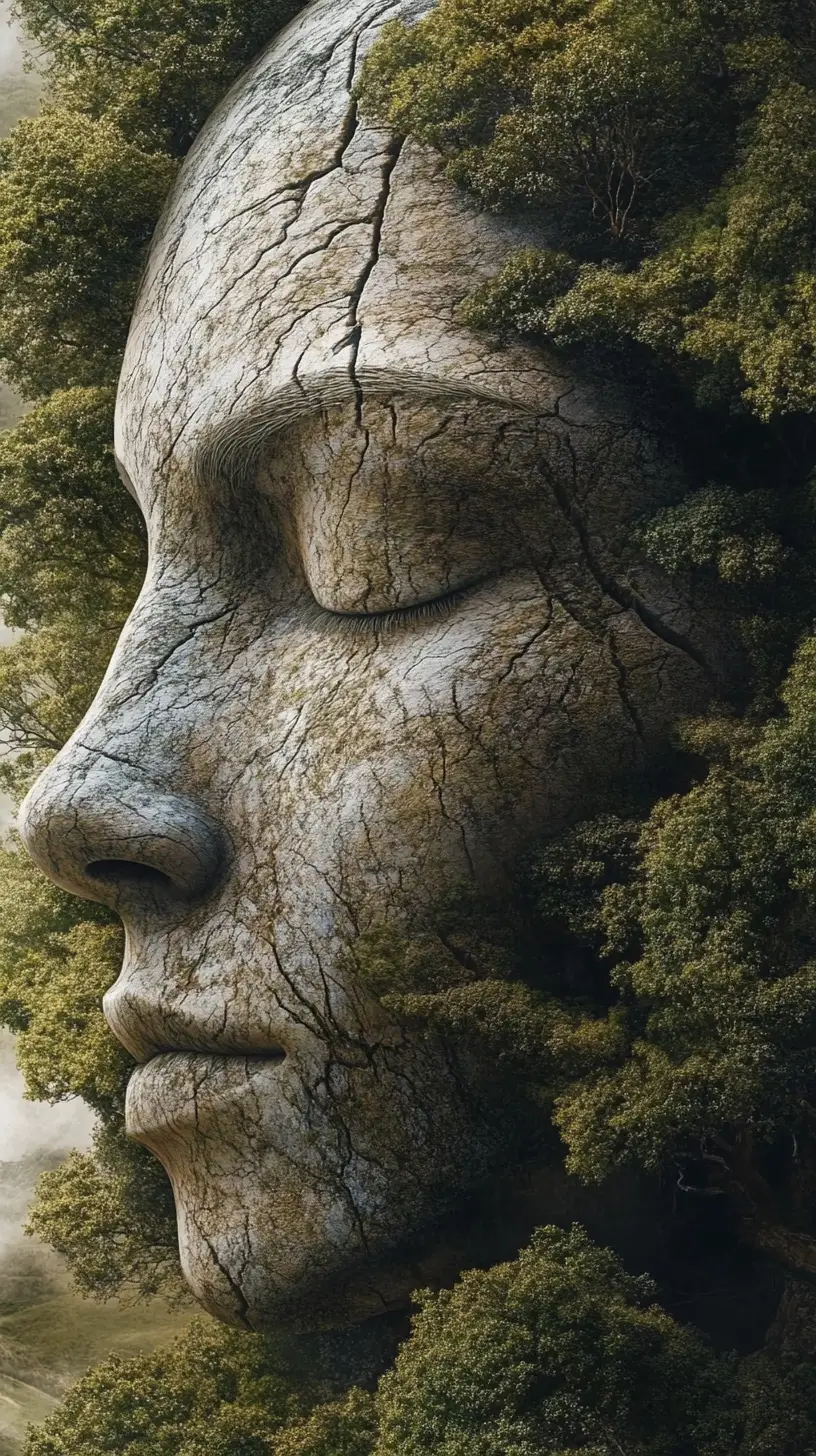 Paisagem de floresta formando o rosto de um gigante adormecido
